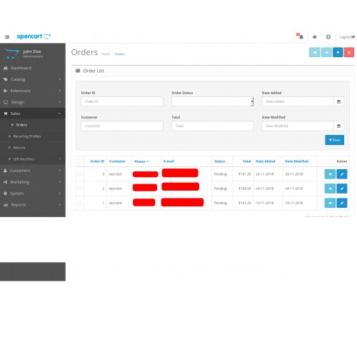 OpenCart Sipariş listesinde telefon ve Eposta Gösterme