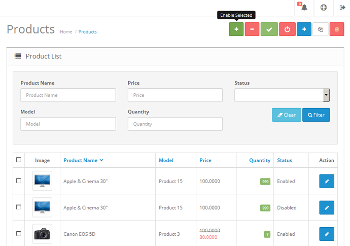 Opencart Admin Ürünler Toplu Aktif ve Pasif Yapma 15x 2x 23x 3x