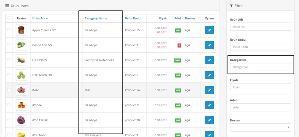 Opencart Yönetici Ürün listeleme sayfasında Kategoriye Göre Sırala ve Filtrele